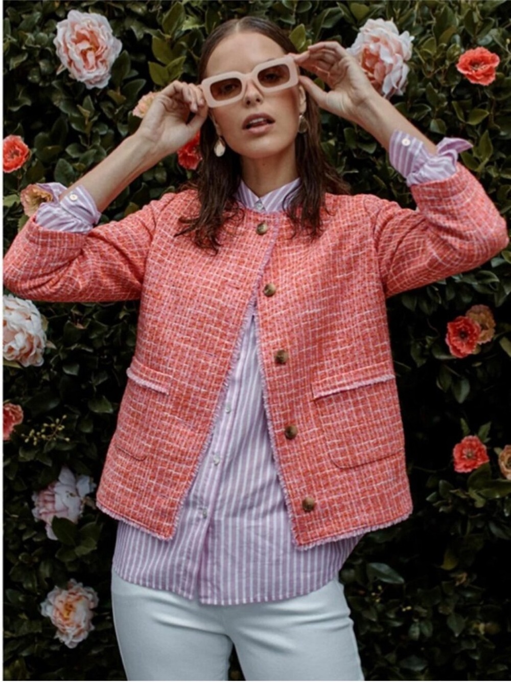 J.Jill XLP Dahlia Orange Pink Tweed Fringe Trimmed Jacket pockets Preppy Luxury